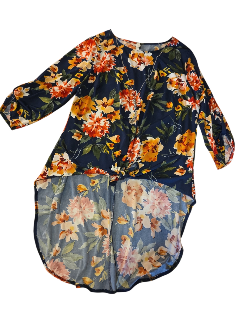Nj Xollectiona Navy Floral High-Low Tunic Top